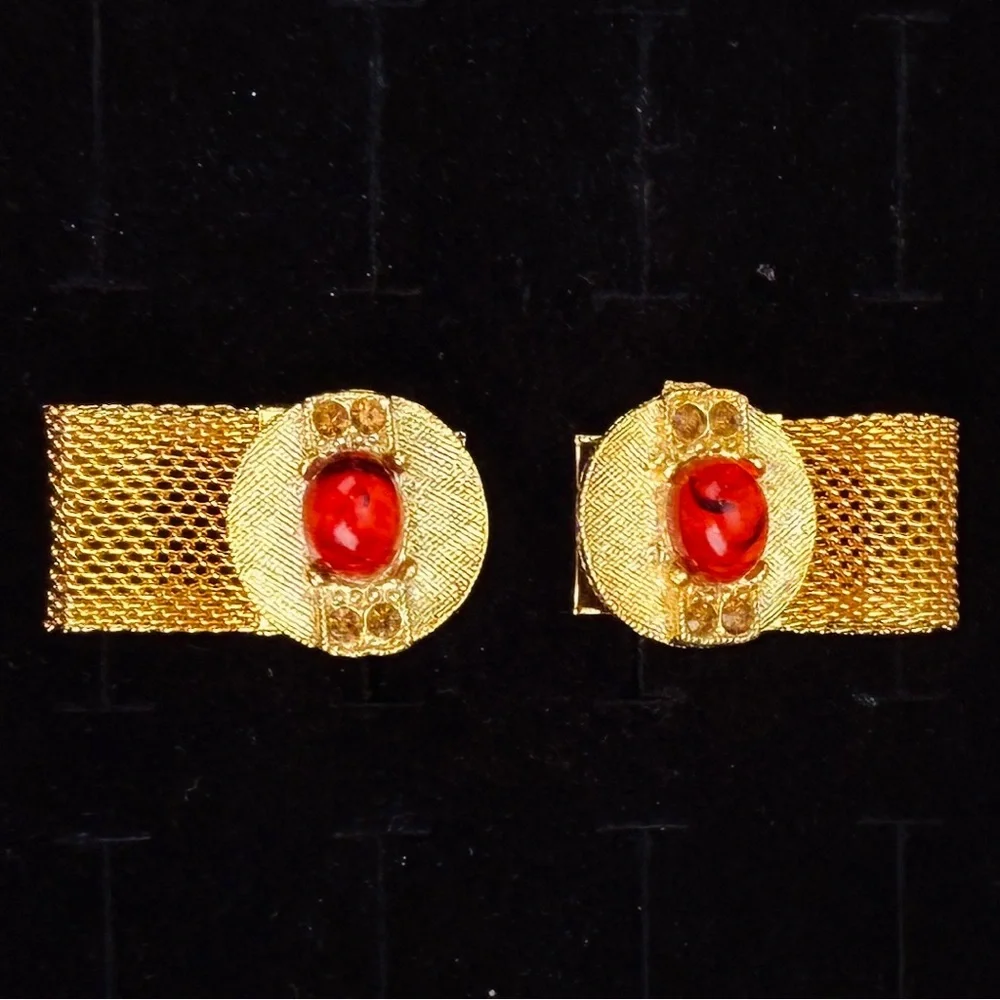 Vintage Goldtone and Red Mesh Mid Century Cuff Links